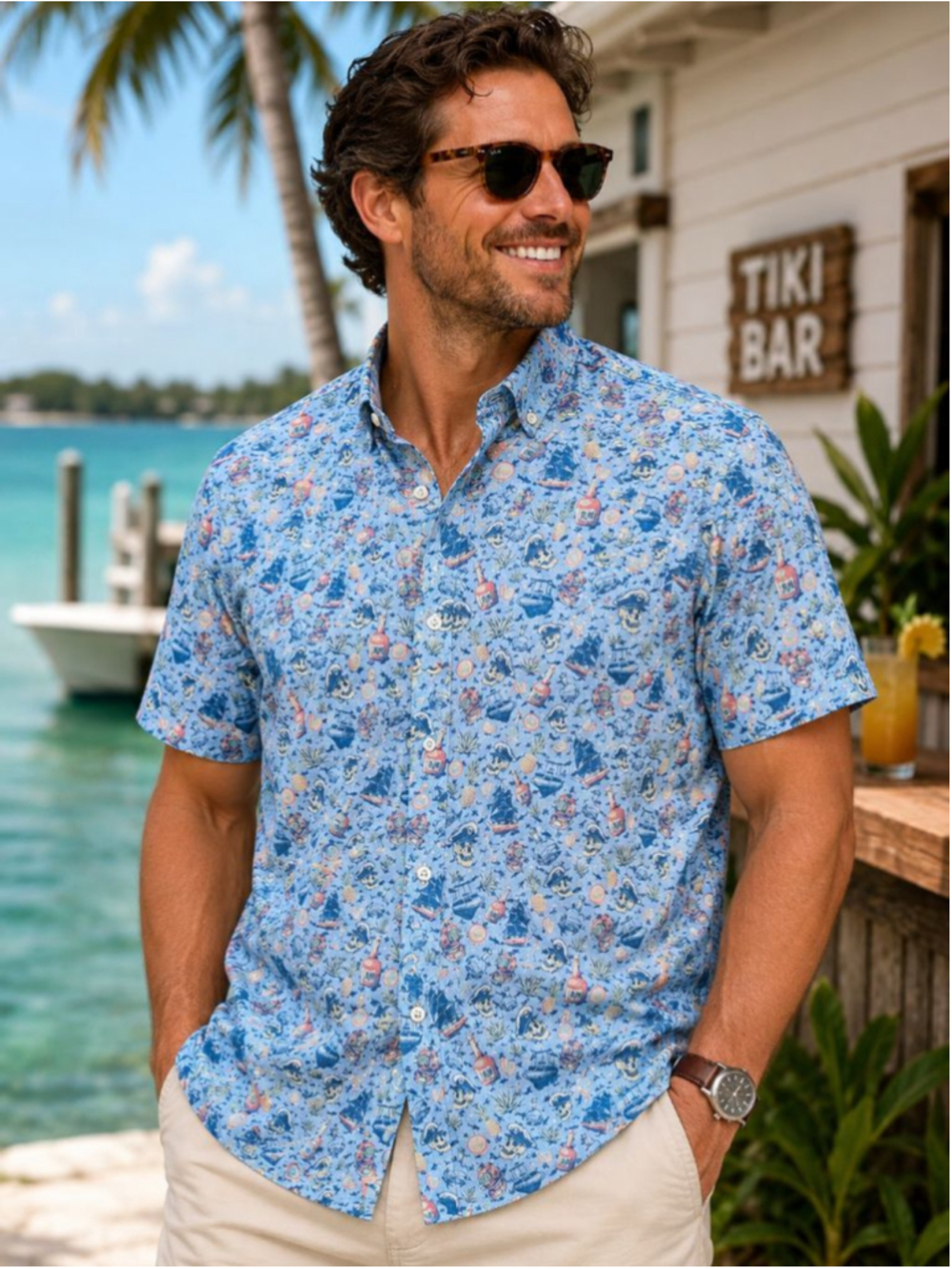 Peter Millar Pirate Skull Rum Bottle Nautical Print Shirt M Blue Cotton Stretch
